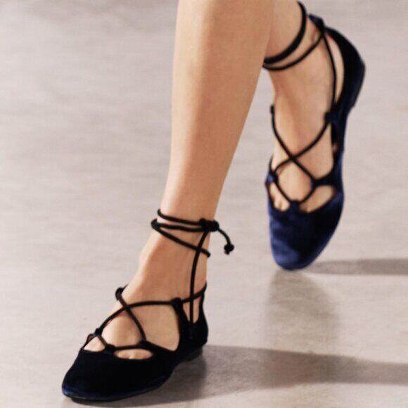 💙 ZARA Velvet Ballet Flats NWT | Ankle Wrap Tie Closure Navy Blue 7.5–9 - Picture 8 of 16